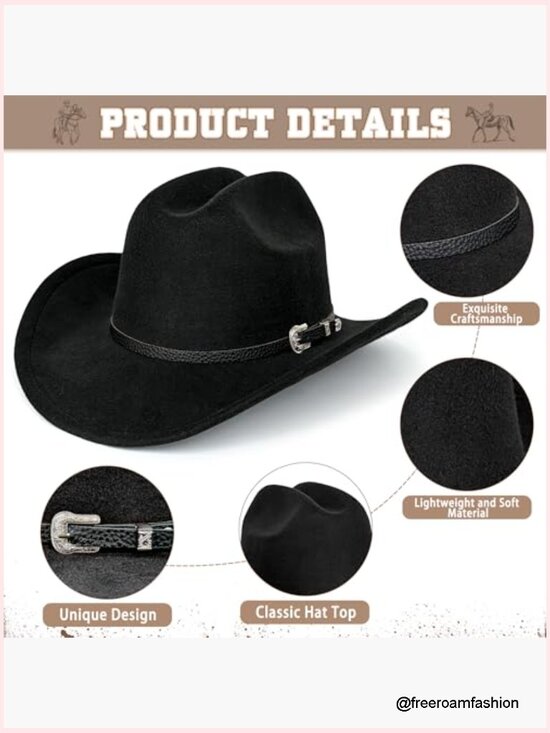 Felt Cowboy Hat with Wide Brim, Pinched Crown, Decorative Hatband, One Size